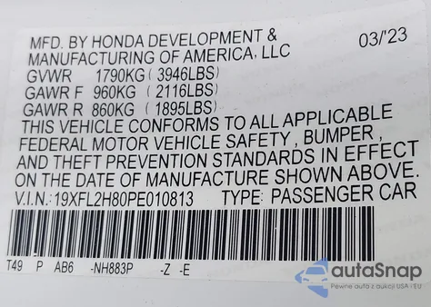 2023 Honda Civic Sport из США, поврежденный, VIN 19XFL2H80PE010813